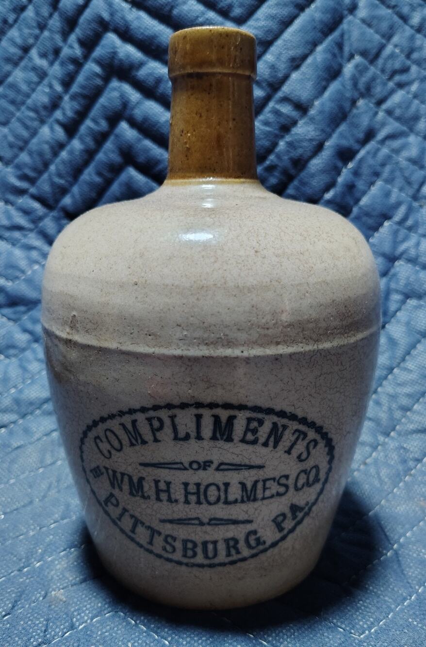 ANTIQUE "COMPLIMENTS OF WM. H. HOLMES CO. - PITTSBURG, PA EARLY STONEWARE JUG